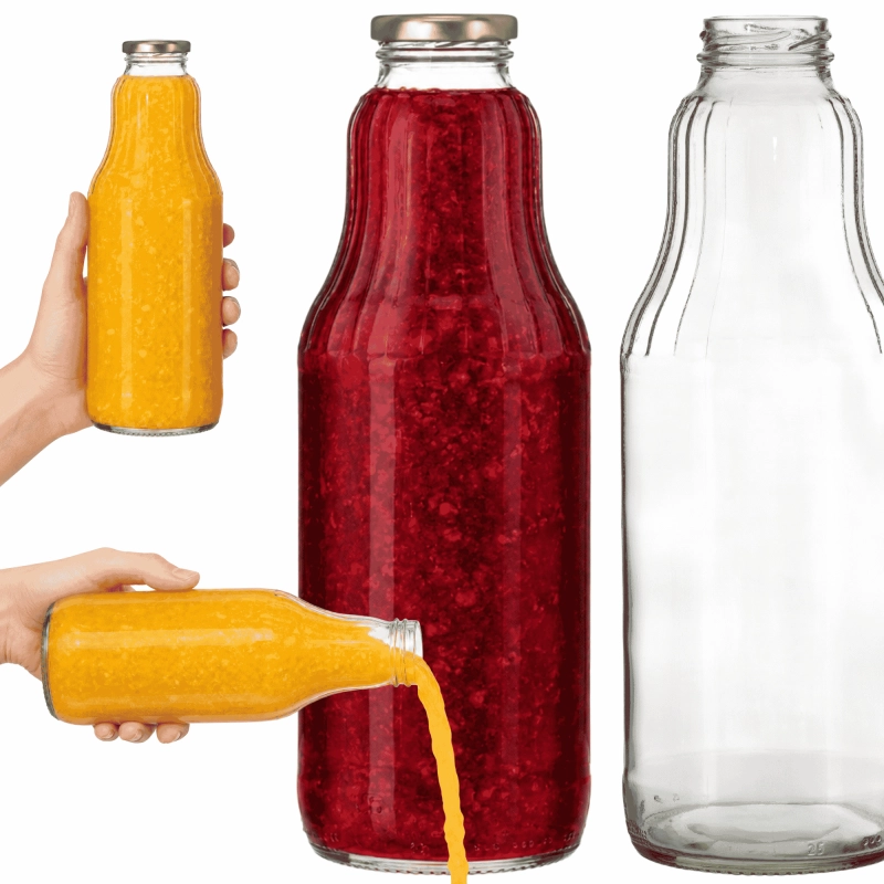 Przezroczysta szklana butelka Fruit 1 litr z metalową nakrętką fi 43 do soków przecierów i smoothie
