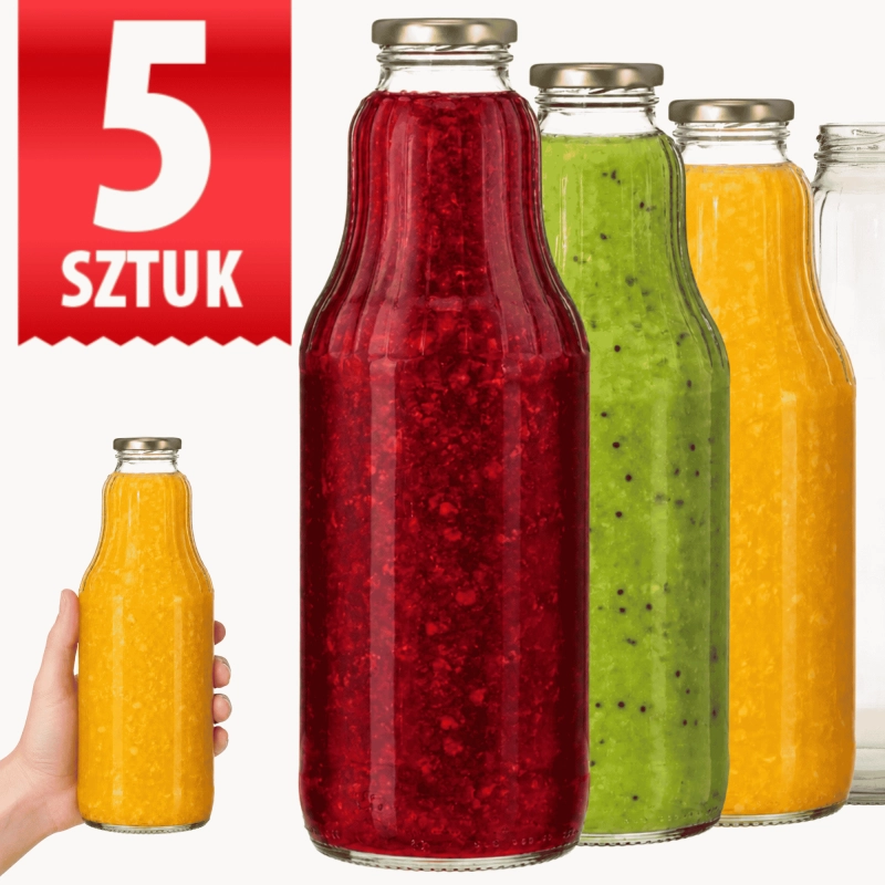 Zestaw 5 szklanych butelek Fruit 1000 ml z nakrętką fi 43 do soków i przecierów