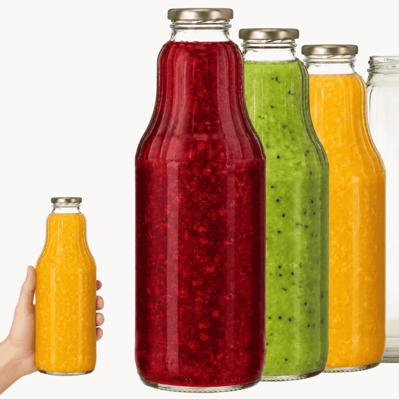 Komplet 10 przezroczystych szklanych butelek Fruit 1 litr z metalową nakrętką fi 43 do soków