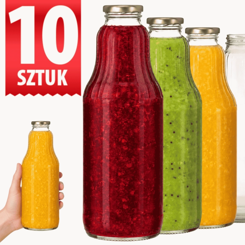 Zestaw 10 szklanych butelek Fruit 1000 ml z nakrętką fi 43 do soków i przecierów