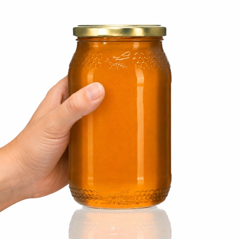 Szklany słój 900 ml z reliefem pszczoły widziany z boku z wieczkiem fi 82 do przetworów