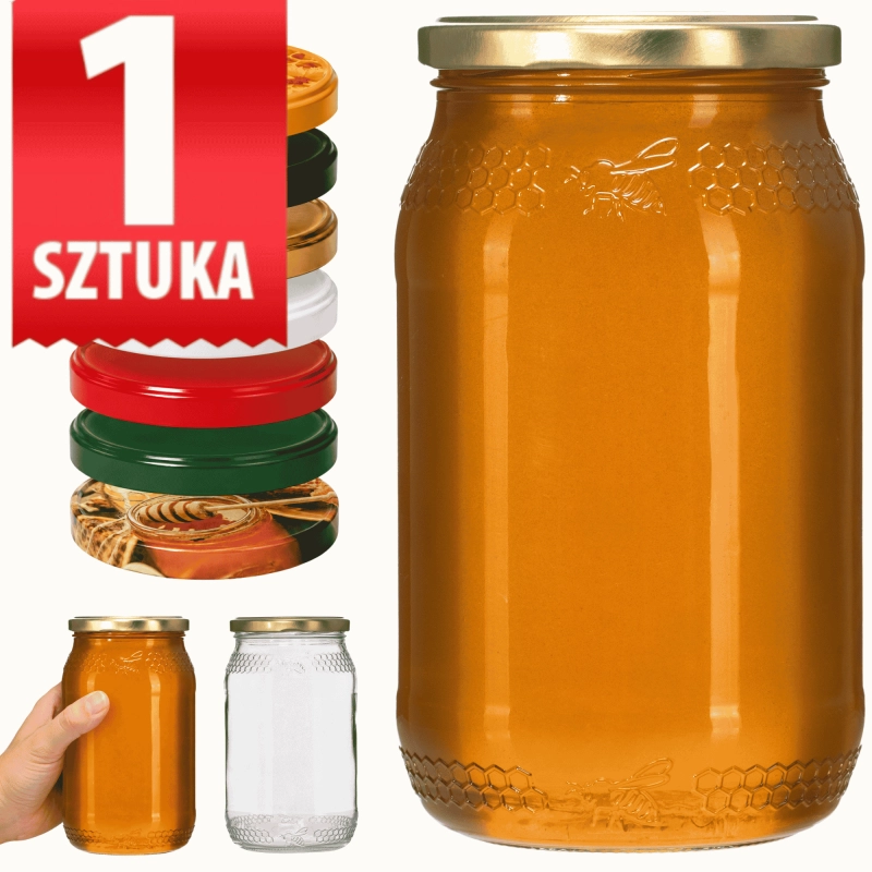 Szklany słoik 900 ml z grawerem plastra miodu i pszczoły z złotą zakrętką fi 82 do miodu