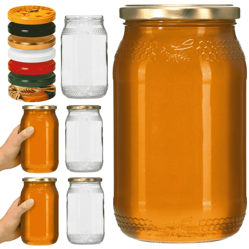 6 szklanych słoików 900 ml z tłoczonym wzorem pszczoły i złotą pokrywką fi 82 do miodu