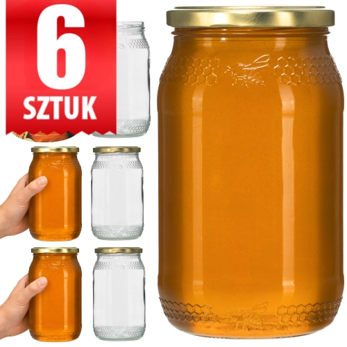 Zestaw 6x Słoik szklany na miód przetwory 900 ml plaster pszczoła gwint fi 82/6