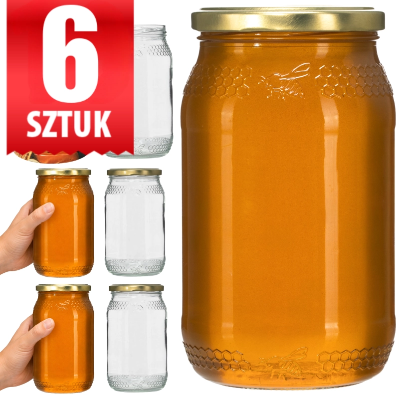 Zestaw 6 szklanych słoików 900 ml z grawerem plastra miodu i pszczoły z wieczkiem fi 82