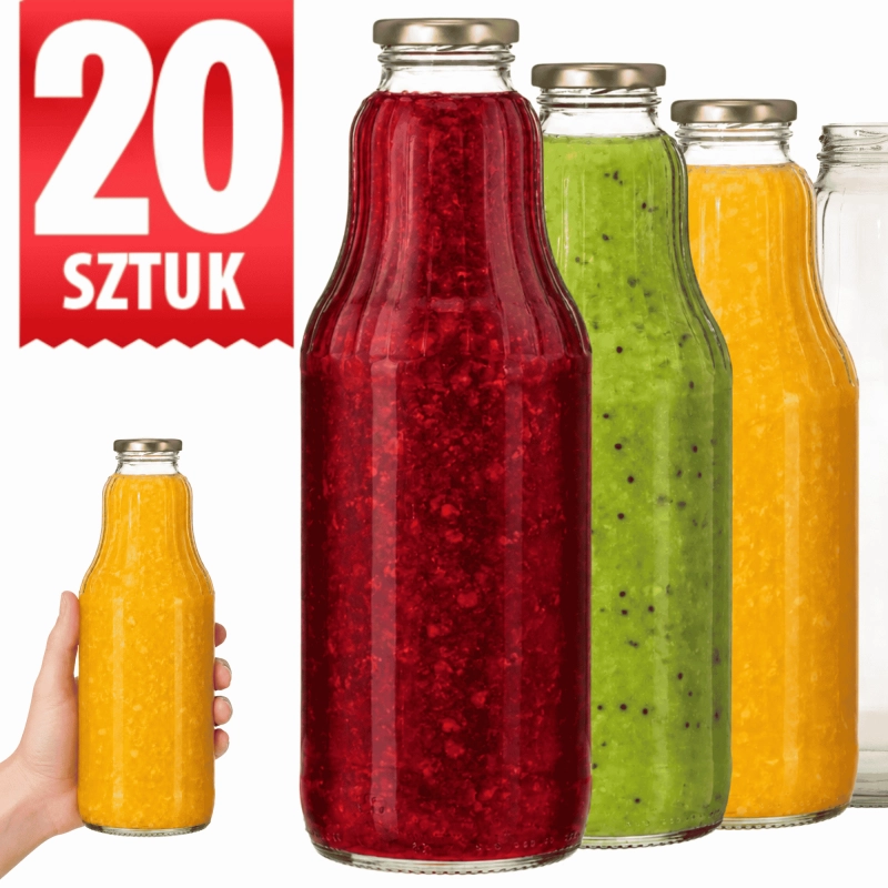 Zestaw 20 szklanych butelek Fruit 1000 ml z nakrętką fi 43 do soków i przecierów