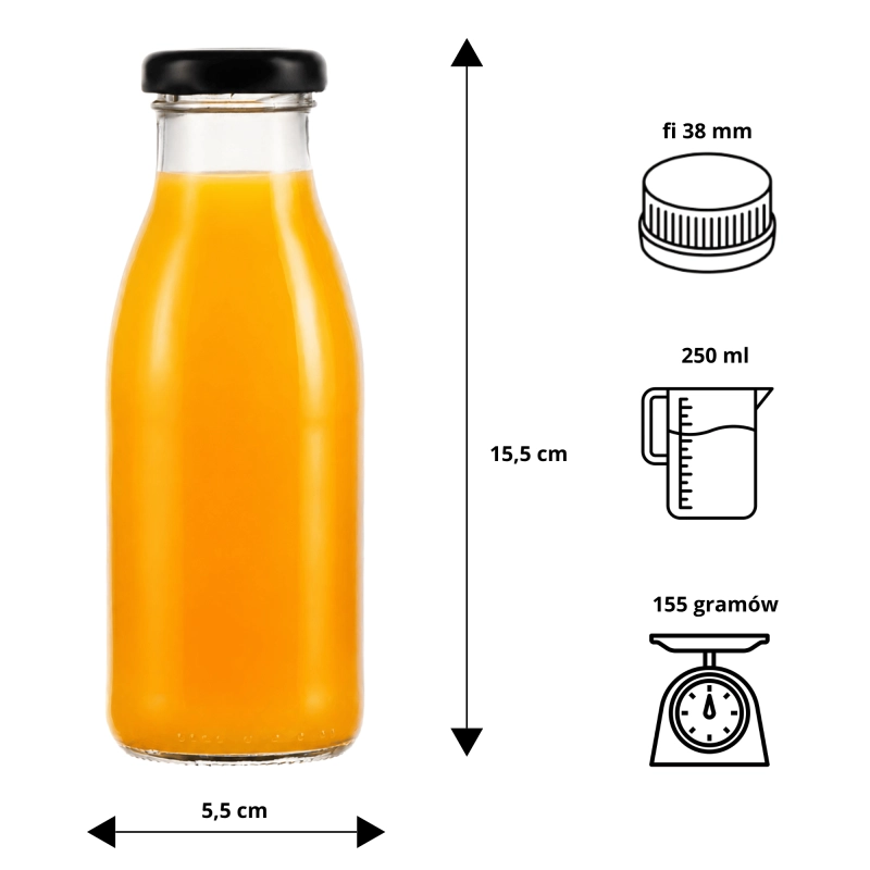 Przezroczysta szklana butelka Smooth 250 ml z czarną nakrętką fi 38 do soków i przecierów owocowych
