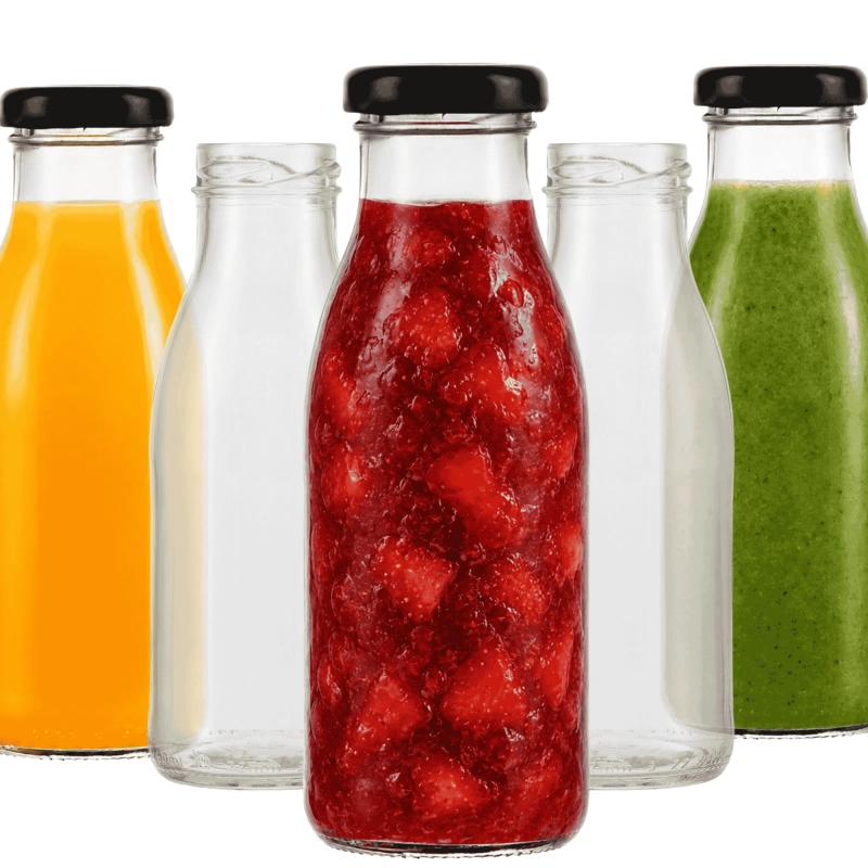 Przezroczyste szklane butelki Smooth 250 ml z czarnymi nakrętkami fi 38 do soków smoothie i przecierów komplet 10 szt