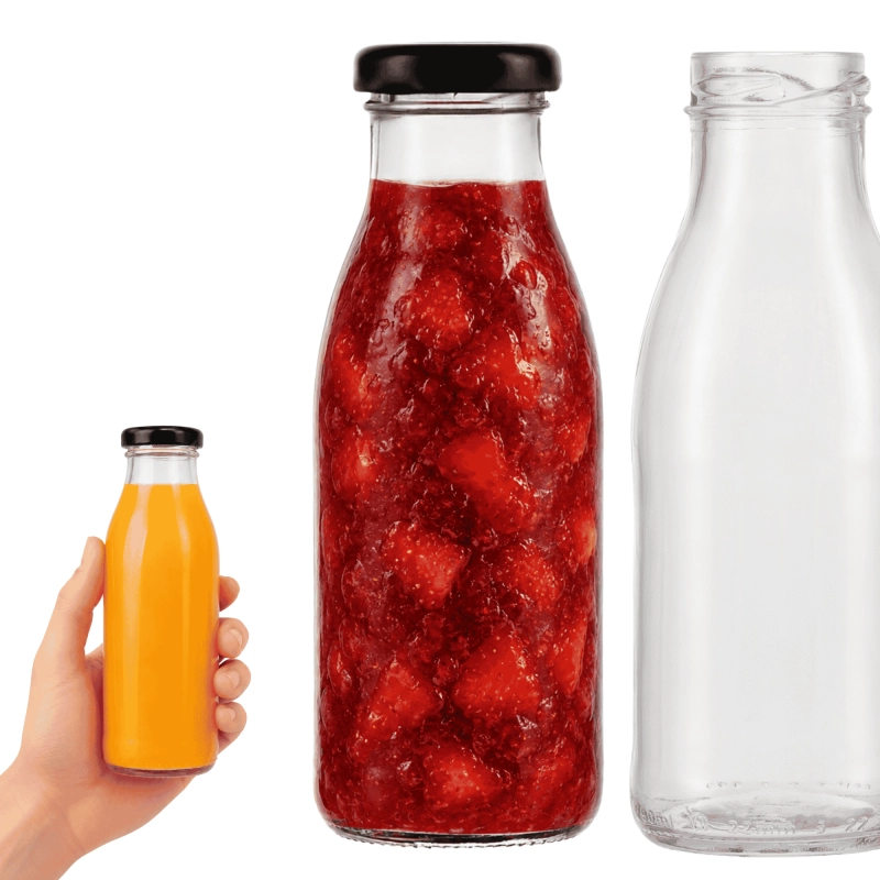 Przezroczysta szklana butelka Smooth 250 ml z czarną nakrętką fi 38 do soków i przecierów owocowych