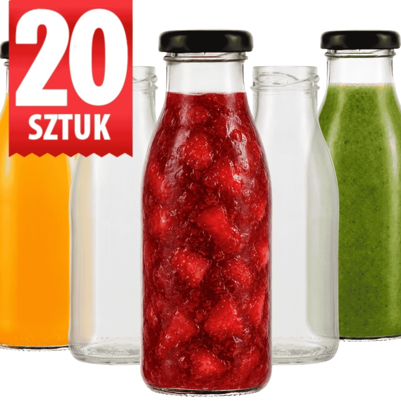 Szklane butelki Smooth 250 ml nakrętka fi 38 do soków i syropów zestaw 20 sztuk
