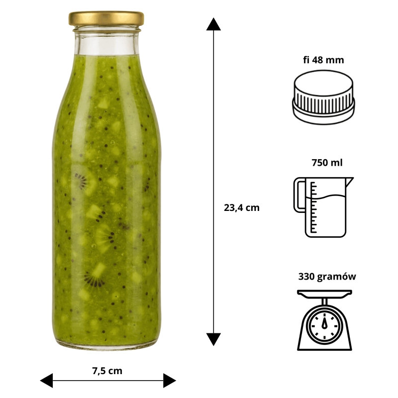 Butelki szklane Smooth 750 ml komplet 5 szt zakrętka fi 48 do soków i syropów letnich