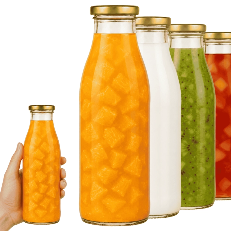 Pięć przezroczystych szklanych butelek Smooth 750 ml ze złotą zakrętką twist off do soków i mleka