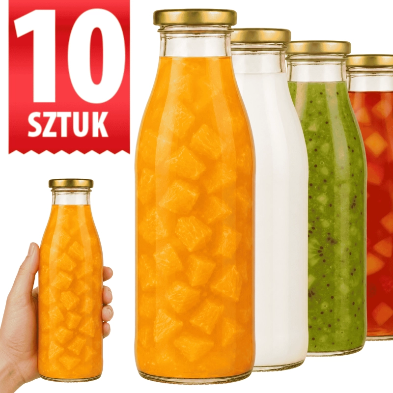 Zestaw 10 sztuk szklanych butelek Smooth 750 ml z zakrętką fi 48 do soków i kombuchy