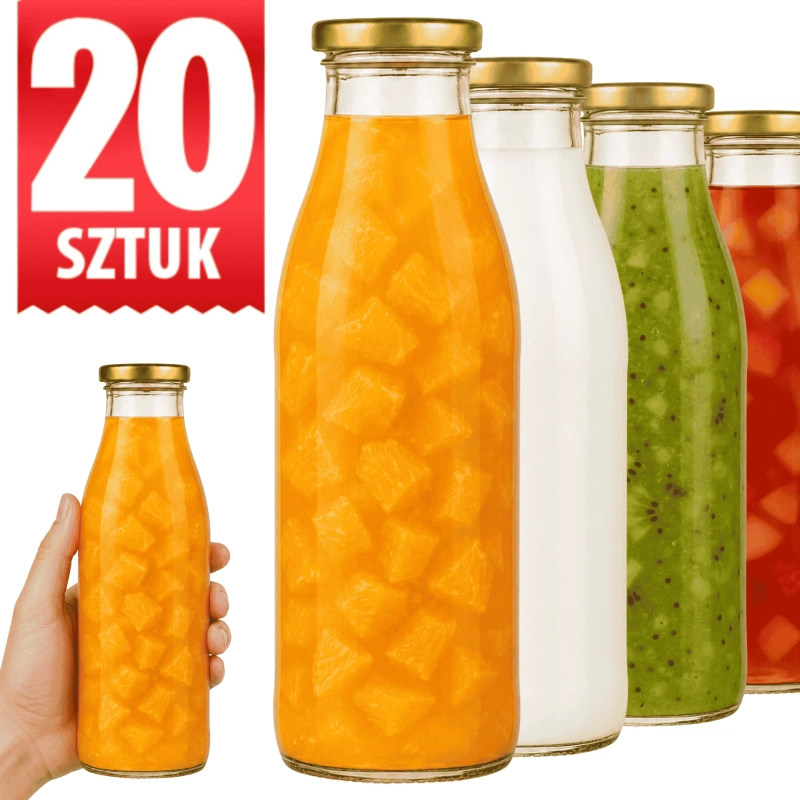 Zestaw 20 sztuk szklanych butelek Smooth 750 ml zakrętka fi 48 do soków i kombuchy hurt
