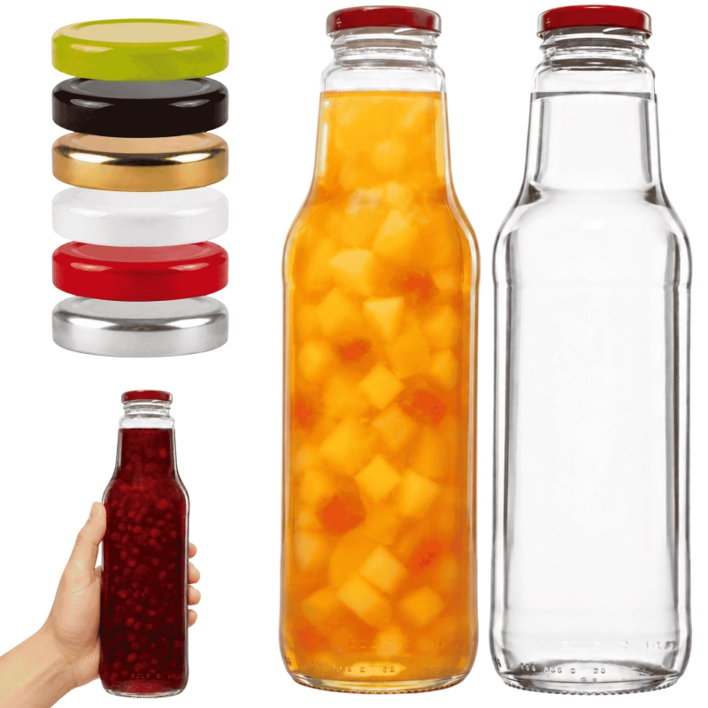 Przezroczysta szklana butelka Juicy 750 ml z czerwoną nakrętką twist off fi 43 do soków i przetworów