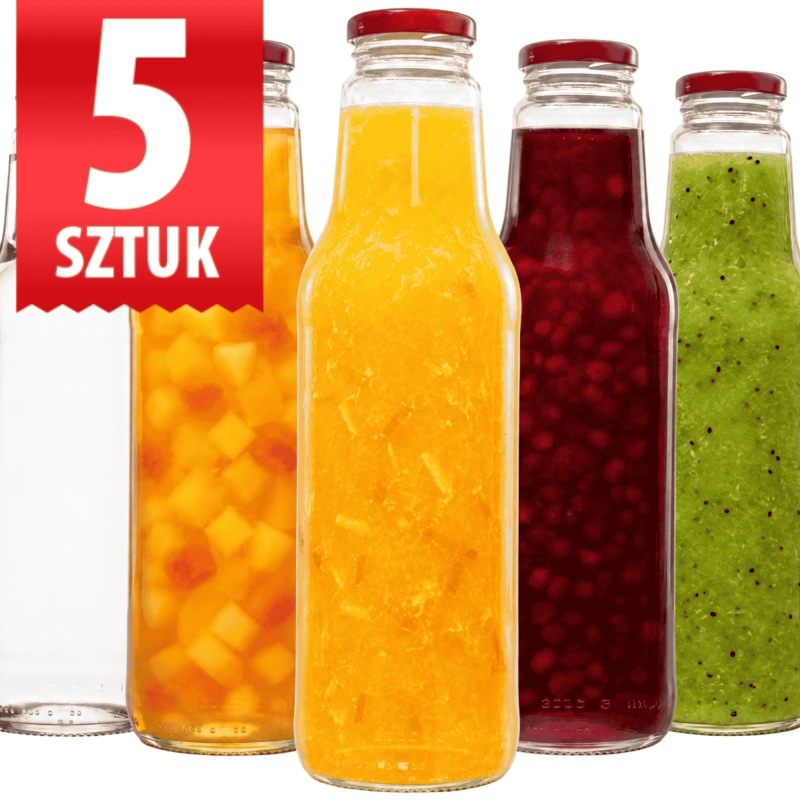Szklane butelki Juicy 750 ml z nakrętką fi 43 do soków i kombuchy zestaw 5 sztuk