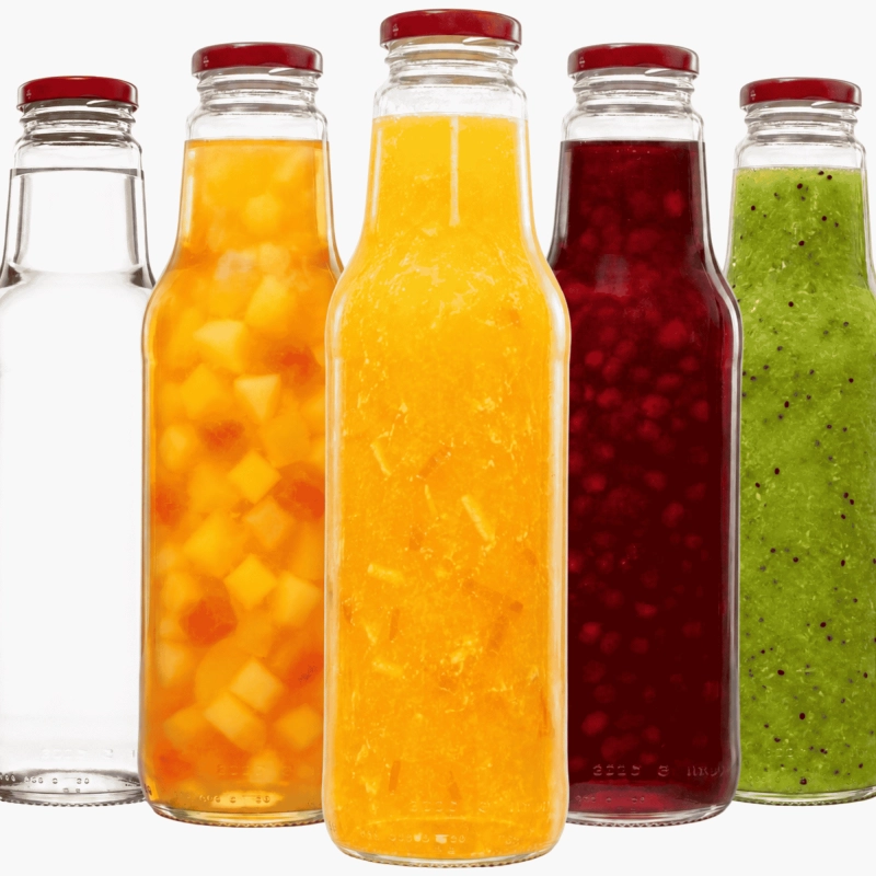 Pięć przezroczystych szklanych butelek Juicy 750 ml z czerwoną nakrętką twist off do soków i przetworów