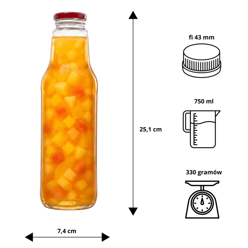 5 szklanych butelek Juicy 0,75 litra z zakrętką fi 43 do soków owocowych i kombuchy