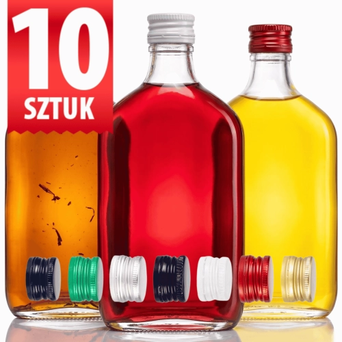 Zestaw 10 szt. Piersiówka szklana Rubin 350 ml na bimber i nalewki, gwint fi 28