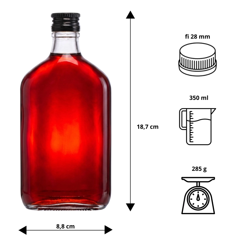 Szklane piersiówki 350 ml z zakrętkami fi 28 w różnych kolorach do nalewek zestaw 10 sztuk