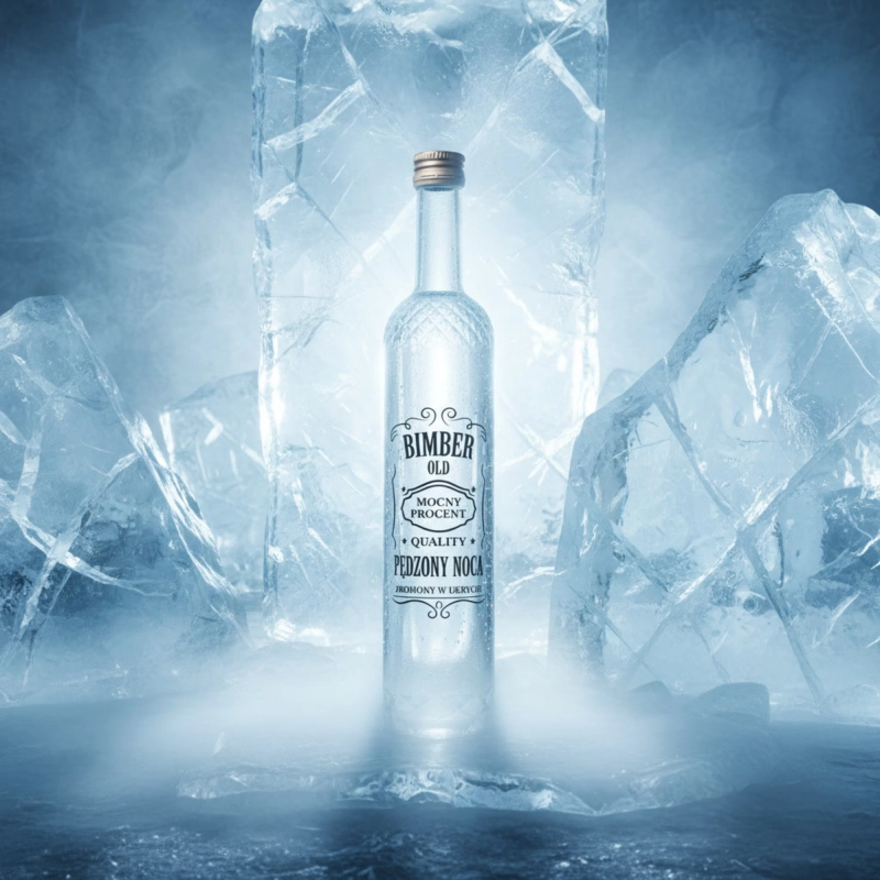Butelka szklana Nargiz 500 ml fi 28 z nadrukiem Bimber Pędzony Nocą schłodzona w lodzie