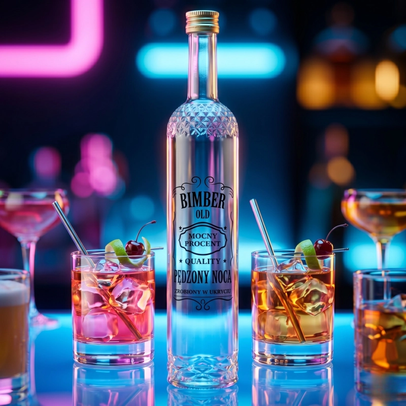 Szklana butelka Nargiz 500 ml fi 28 z nadrukiem Bimber Pędzony Nocą w neonowym świetle