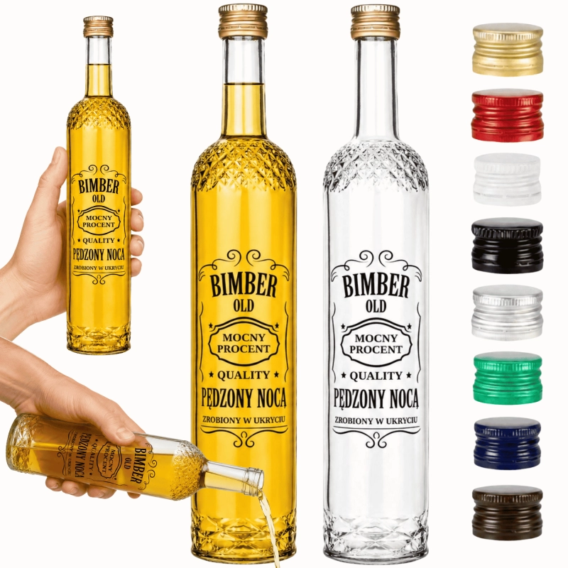 Szklana butelka Nargiz 500 ml fi 28 z nadrukiem Bimber Pędzony Nocą — 3 wersje kolorów