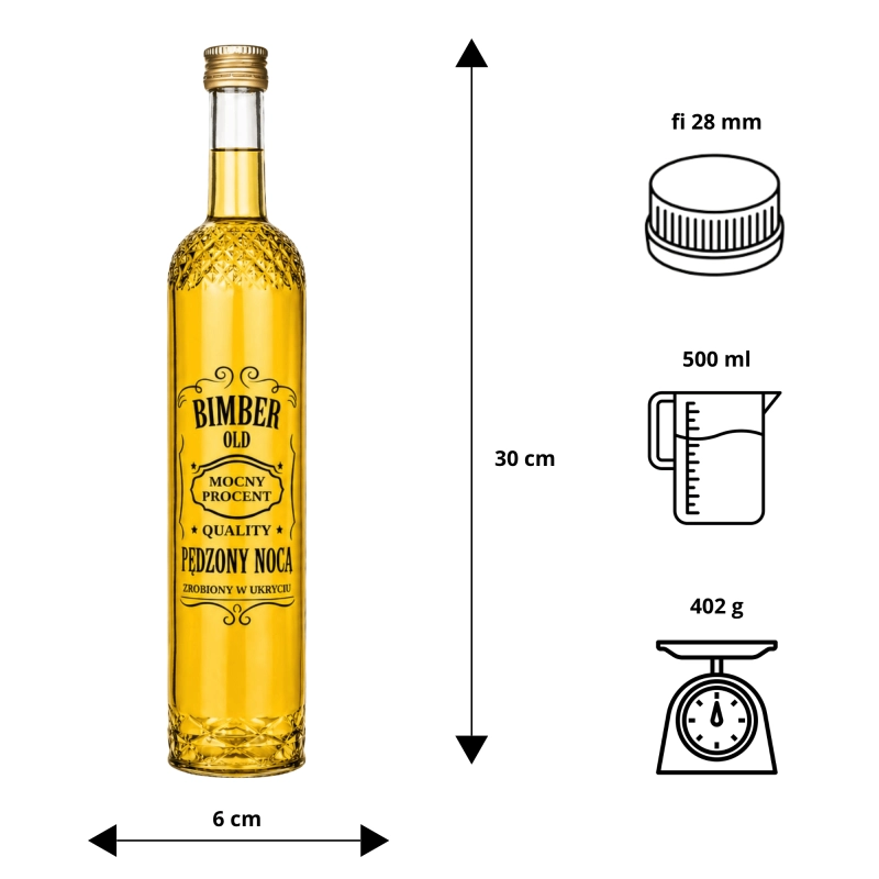 Butelka szklana Nargiz 500 ml fi 28 z nadrukiem Bimber Pędzony Nocą — wymiary, 5 sztuk