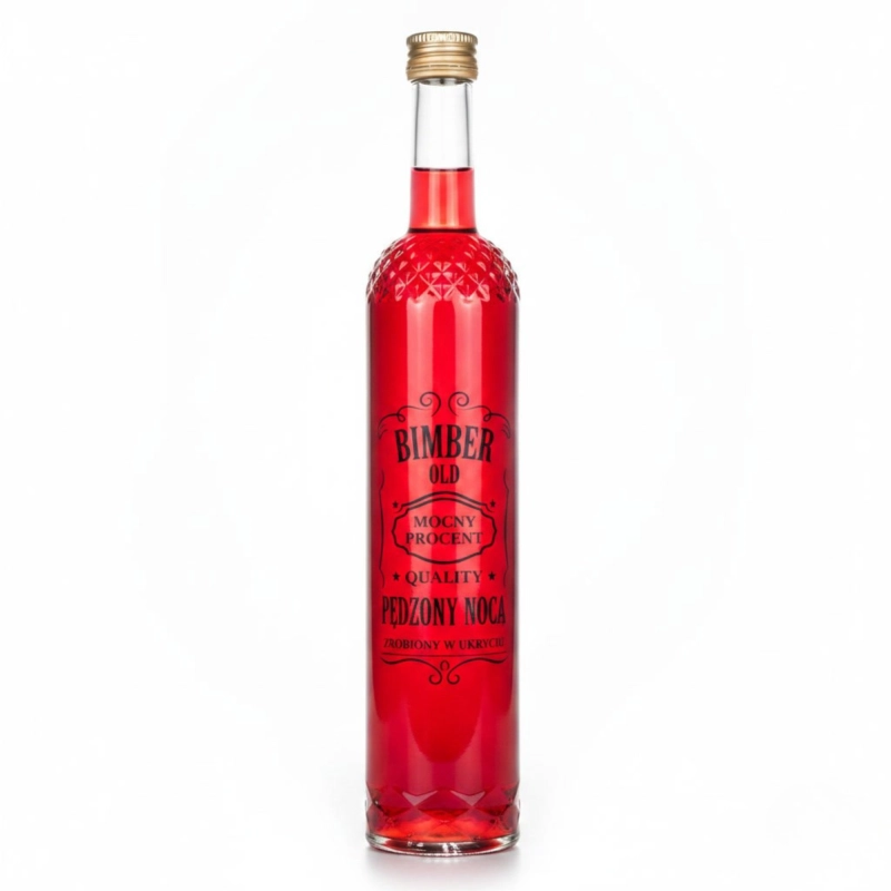 Szklana butelka Nargiz 500 ml fi 28 z nadrukiem Bimber Pędzony Nocą i kolorową zakrętką — 5 szt.