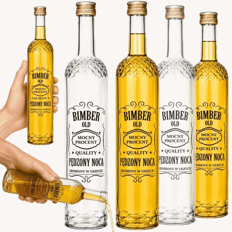 5 szklanych butelek Nargiz 500 ml fi 28 z nadrukiem Bimber Pędzony Nocą do nalewek