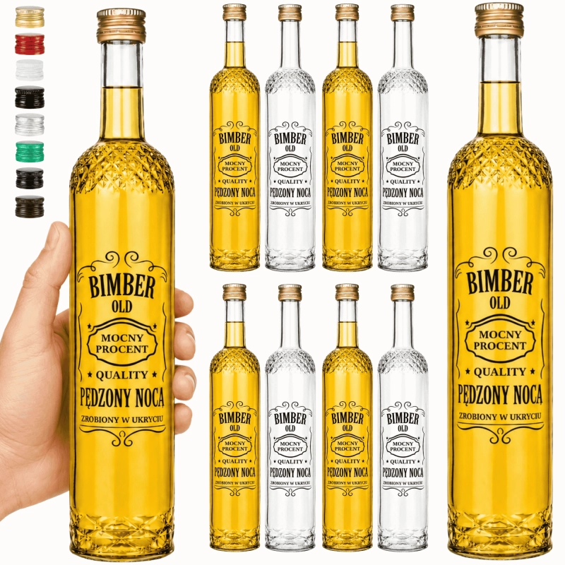 Zestaw 20 szklanych butelek Nargiz 500 ml fi 28 z nadrukiem Bimber Pędzony Nocą