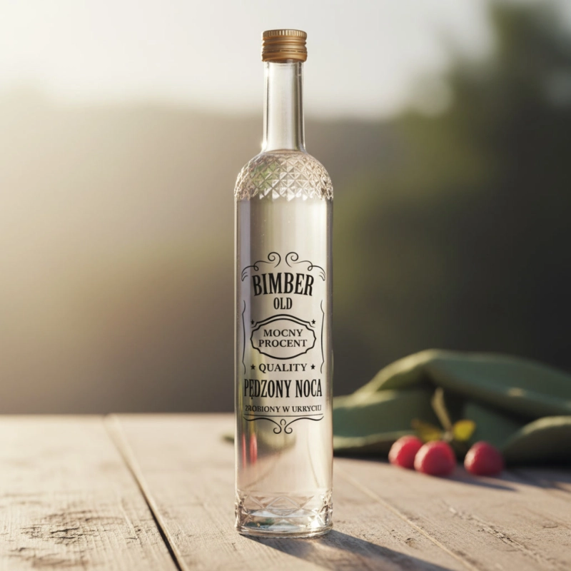 Szklana butelka Nargiz 500 ml fi 28 z nadrukiem Bimber Pędzony Nocą — opakowanie 20 szt.