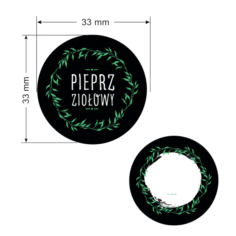 Czarne wieczko fi 53 mm słoiczka 120 ml z foliową etykietą na przyprawę — detal zestawu 30 sztuk