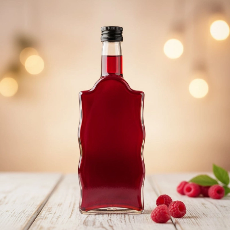 Szklane butelki Warta Fala 500 ml z zakrętką fi 28 serwowane z kieliszkami do nalewek