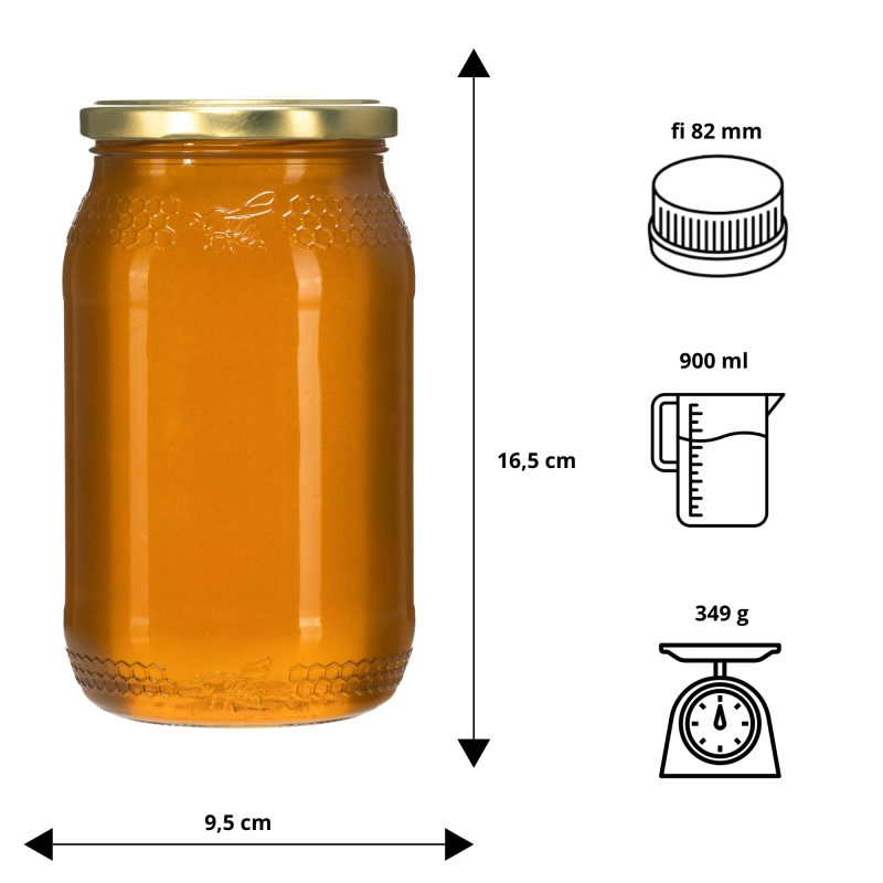Szklany słoik 900 ml wypełniony miodem z tłoczonym wzorem pszczoły i złotą zakrętką fi 82