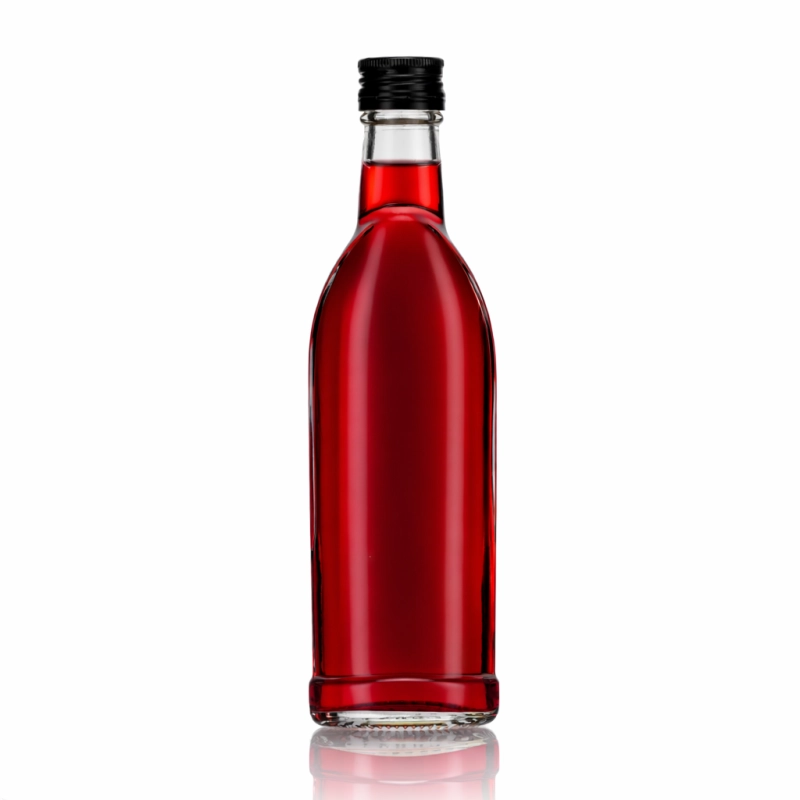 Butelka szklana Aura 250 ml z czerwoną nalewką i pokrywką fi 28 do nalewek i soków