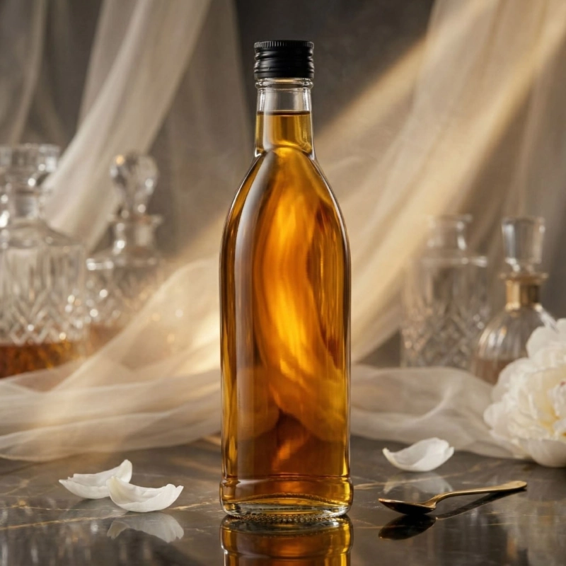 Szklana butelka Aura 250 ml z brązową nalewką i nakrętką fi 28 mm ujęcie lifestyle