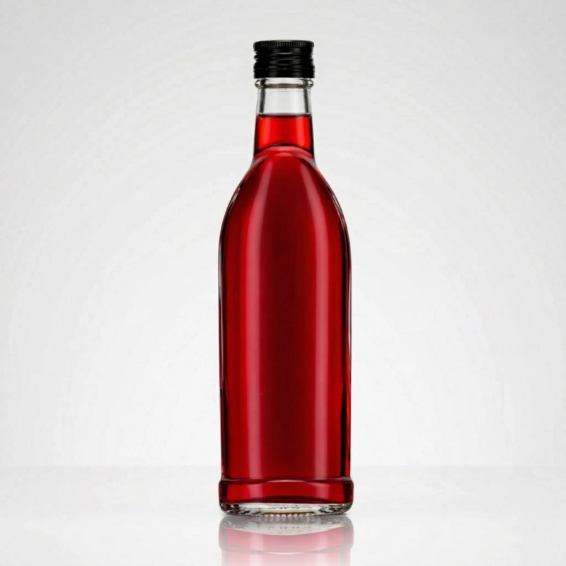 Szklana butelka Aura 250 ml z czerwonym sokiem i pokrywką fi 28 mm na białym tle