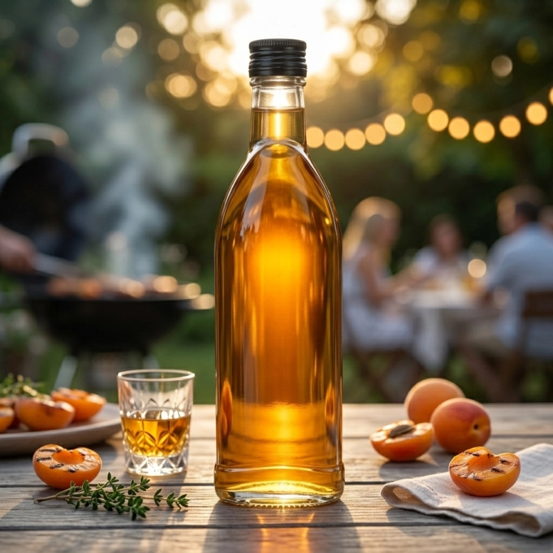 Szklana butelka Aura 250 ml z żółtą nalewką zakrętka fi 28 mm ujęcie w plenerze