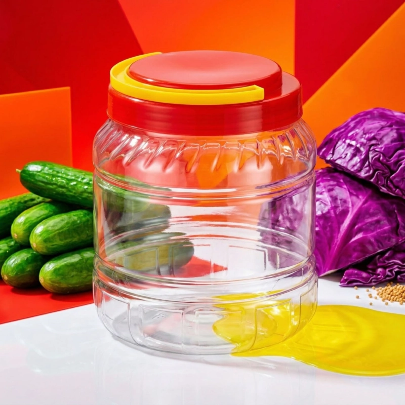 Plastikowy słój Spichlerz 2 l z pomarańczową nakrętką wśród warzyw — do kimchi i kiszonek
