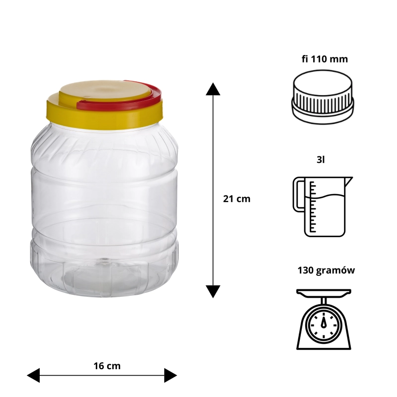 Infografika słoja PET Spichlerz 3 l — wymiary 21x16 cm, atest spożywczy, szeroki otwór 11 cm