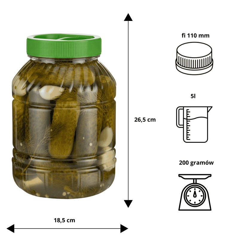 Infografika słoja PET Spichlerz 5 l — wymiary 26,5×18,5 cm, otwór 11 cm, atest spożywczy