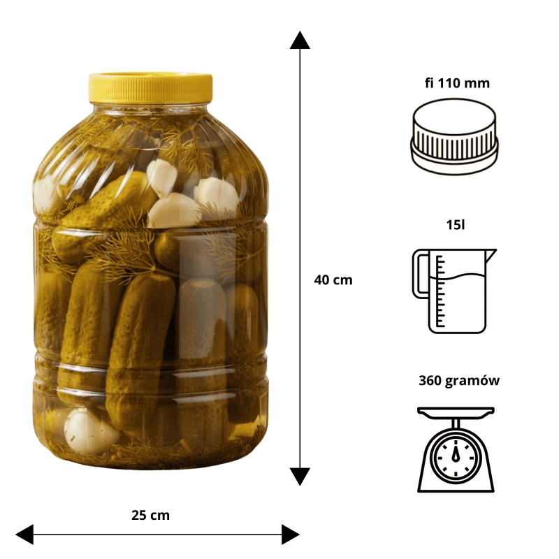 Infografika słoja PET Spichlerz 15 l — wymiary 40x25 cm, otwór 11 cm, atest spożywczy, waga 360 g