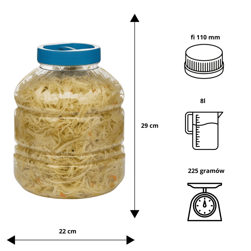 Infografika słoja kwadratowego PET Skarbiec 8 l — wymiary 29x22 cm, otwór 11 cm, waga 225 g