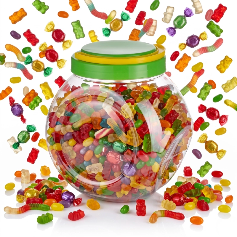 Słój plastikowy baryłka PET 2,5 l z rączką otoczony bakaliami i kolorowymi sypkimi produktami