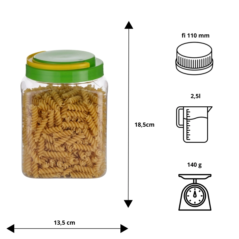 Infografika słoja PET kuferek 2,5 l — wymiary 18,5x13,5 cm, otwór 11 cm, atest spożywczy, 140 g