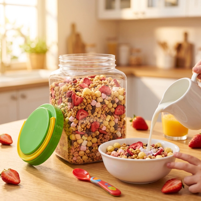 Plastikowy pojemnik kuferek 2,5 l z płatkami i bakaliami — do mąki, cukru, ryżu i makaronu