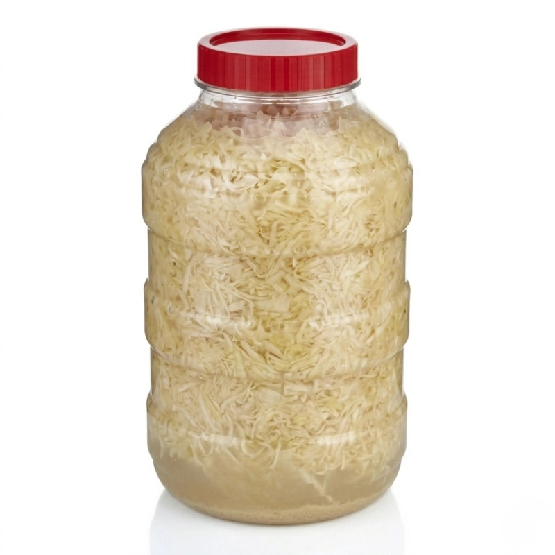 Słój plastikowy 20 l Gospodarz z kiszoną kapustą — szeroki otwór 13,5 cm ułatwia ubijanie warzyw