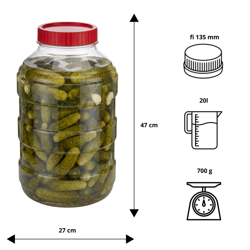 Infografika słoja PET Gospodarz 20 l — wymiary 47x27 cm, otwór 13,5 cm, nakrętka fi 140, 700 g