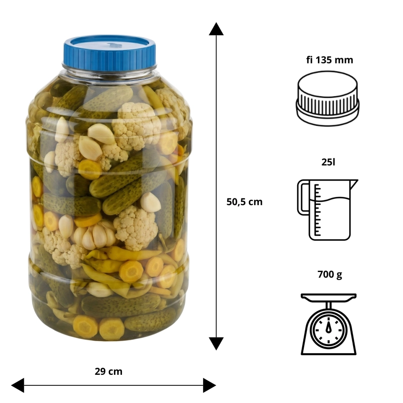 Infografika słoja PET Gospodarz 25 l — wymiary 50,5x29 cm, otwór 13,5 cm, nakrętka fi 140, 700 g